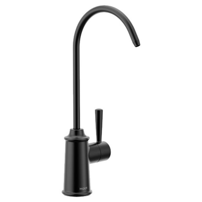 Moen Sip matte black drinking water faucet with curved spout and single lever handle.