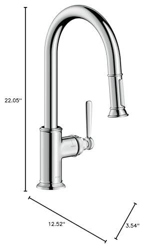Chrome high-arc kitchen faucet with pull-down spray head and single lever handle, 22.05 inches tall.