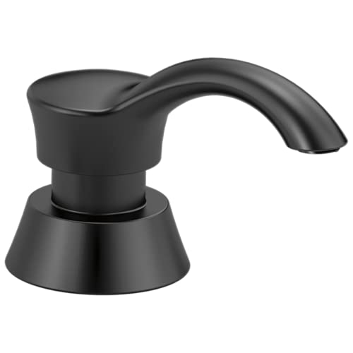 Matte black soap/lotion dispenser pump with curved spout and conical base.