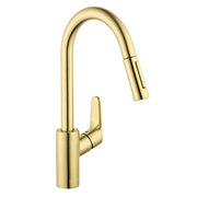 Brushed gold kitchen faucet with high arc spout and pull-down spray head.