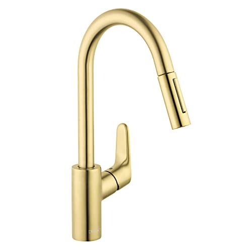Brushed gold kitchen faucet with high arc spout and pull-down spray head.