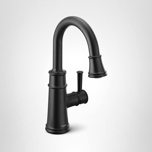 Matte black single-handle pulldown kitchen faucet with curved spout and side lever control.