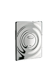 Chrome diverter trim plate with circular handle and curved design details.