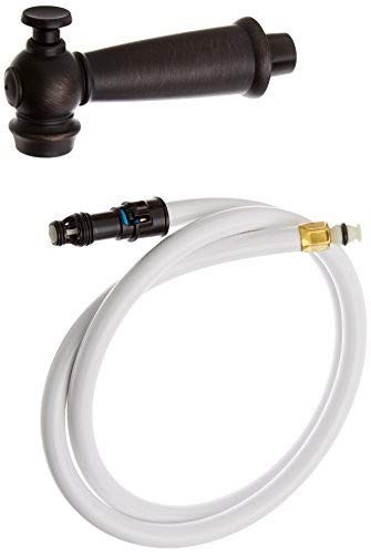 Venetian bronze spray head with elbow connector and white flexible hose with brass fittings.