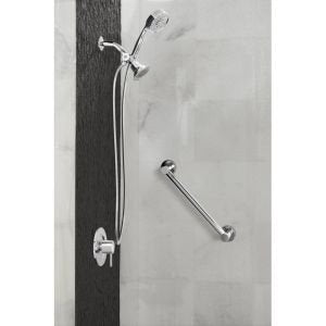 Brushed nickel stainless steel grab bar mounted horizontally on bathroom wall tile next to vertical shower rail and handheld 
