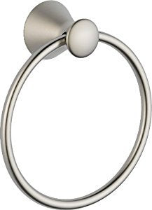 Brushed nickel circular towel ring with wall-mounted backing plate and decorative finial.