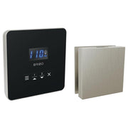 Square brushed nickel steam shower control panel with digital display and touchless receiver unit.
