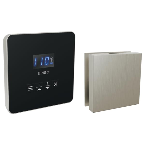 Square brushed nickel steam shower control panel with digital display and touchless receiver unit.