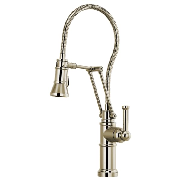Chrome kitchen faucet with flexible hose spray head and articulating arm on cylindrical base.