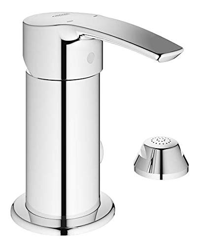Chrome single-lever bathroom faucet with curved spout and aerator component shown separately.