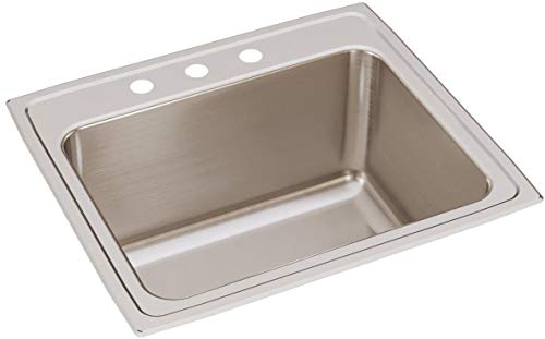 Stainless steel drop-in sink with single bowl and three faucet holes along brushed rim.