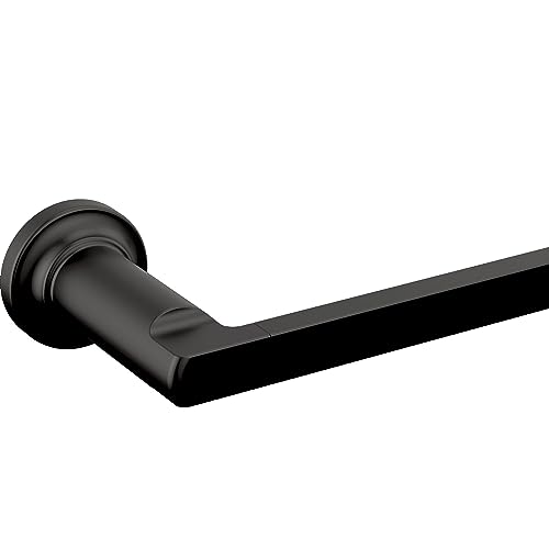 Matte black towel bar with cylindrical handles and round wall-mounted brackets.