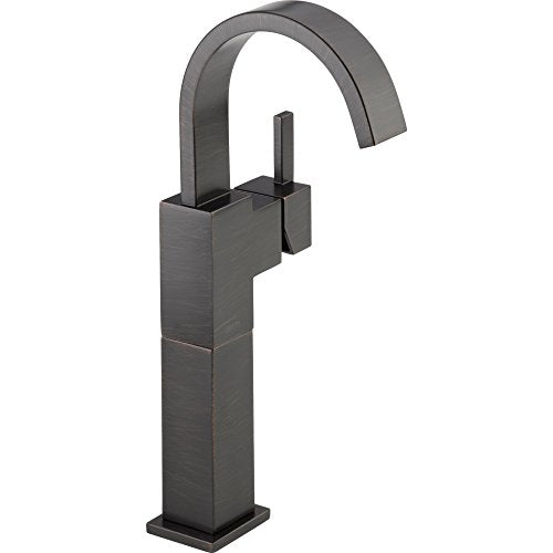 Dark gray single-handle vessel bathroom faucet with tall squared base and curved spout.