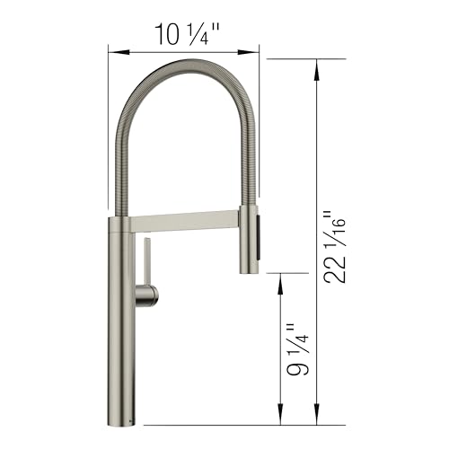 Satin platinum kitchen faucet with tall arched spout and pull-down spray head, showing dimensions of approximately 10.25 inch