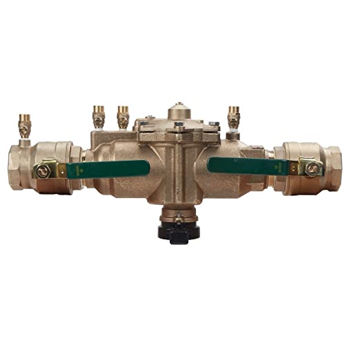 Brass 2-inch RPZ backflow preventer with green dual ball valves and inlet/outlet ports.