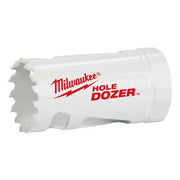 Milwaukee 3/4" bi-metal hole saw with serrated cutting edges and white cylindrical body with red branding.