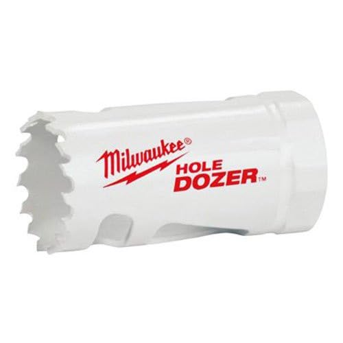 Milwaukee 3/4" bi-metal hole saw with serrated cutting edges and white cylindrical body with red branding.