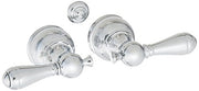 Chrome metal lever handles with clear acrylic accents and round escutcheons, shown as individual components from a two-handle