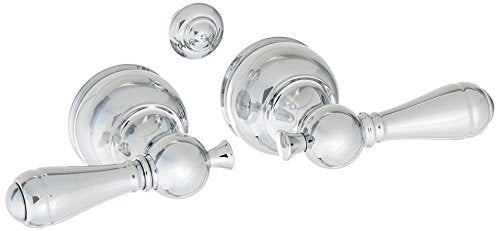 Chrome metal lever handles with clear acrylic accents and round escutcheons, shown as individual components from a two-handle