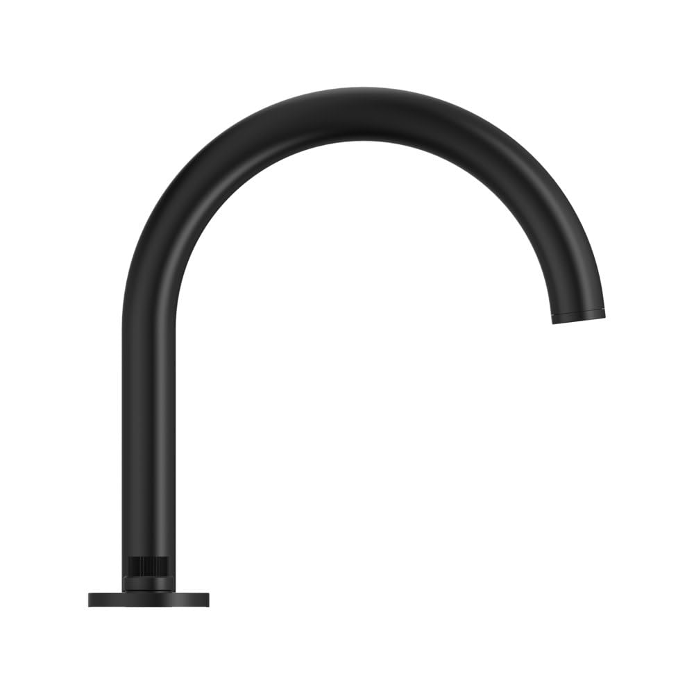 Black chrome curved spout with square base for deck-mounted tub faucet installation.