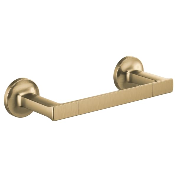 Brushed gold towel bar with cylindrical wall mounts and rectangular horizontal bar.