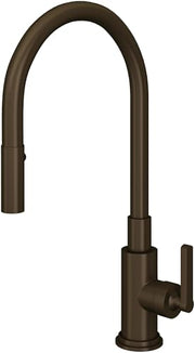 Tuscan brass pull-down kitchen faucet with curved spout and single lever handle.