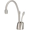 Satin nickel instant hot and cold water faucet with curved spout and lever handle.