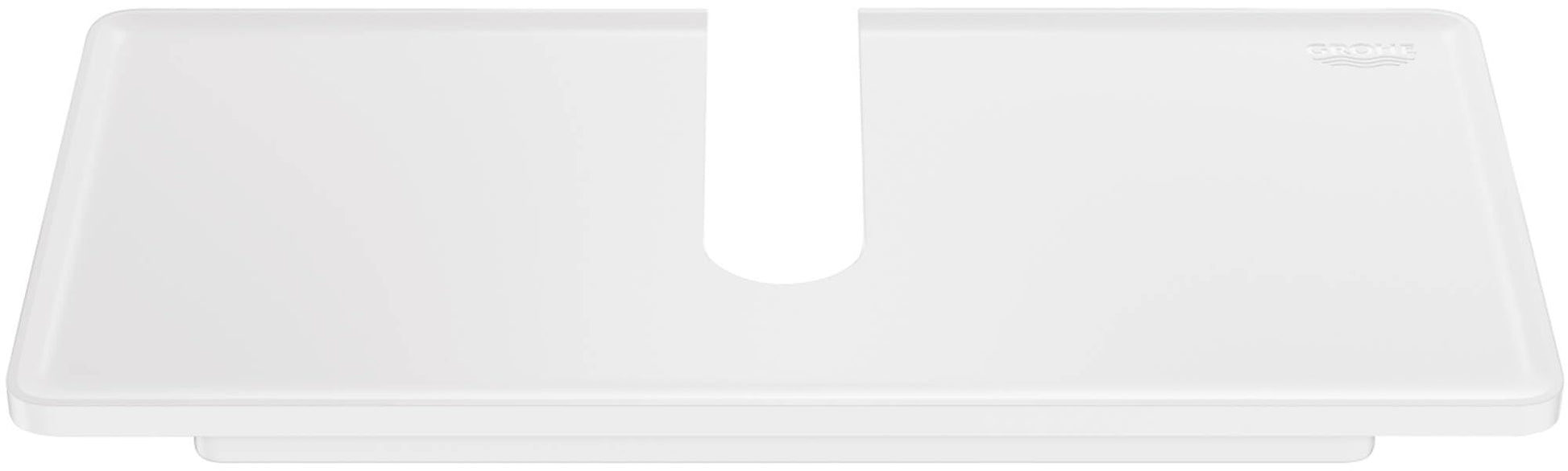 White rectangular shower tray with curved cutout and sloped edges for drainage.