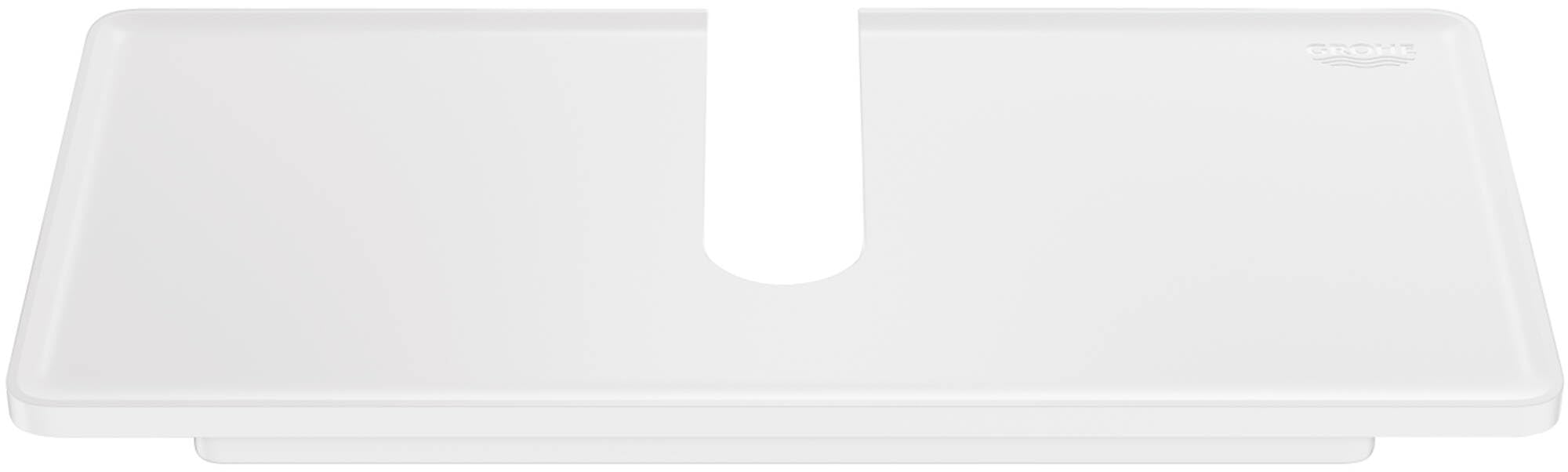 White rectangular shower tray with curved cutout and sloped edges for drainage.