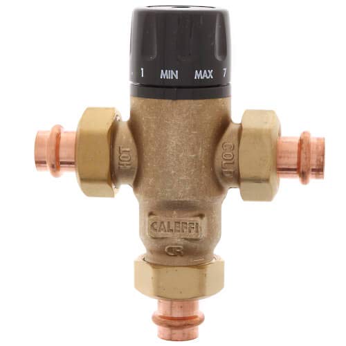 Brass 3-way mixing valve with black temperature dial, copper press connections on sides and bottom.