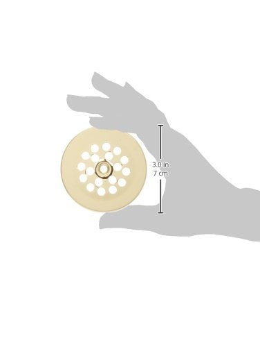 Polished brass dome strainer with multiple drainage holes and center screw fitting, shown in hand for scale.