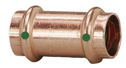 Copper press coupling with two green indicator dots and ridged grip rings on ends.