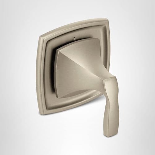 Brushed nickel shower diverter valve trim with curved square escutcheon and single lever handle.