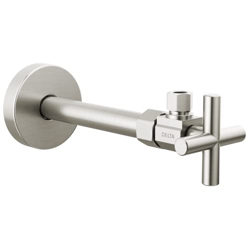 Brushed nickel angled supply stop valve with cross-shaped handle and circular wall-mounted escutcheon plate.