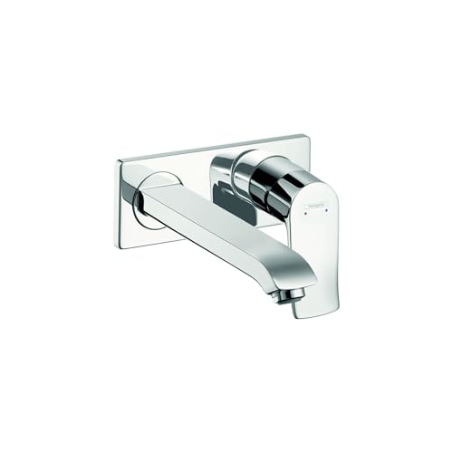 Chrome wall-mounted faucet trim with single handle lever, curved spout, and square escutcheon plate.