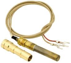 Brass thermopile generator with 36-inch copper tubing and two connector ends on white background.