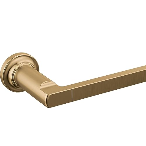 Champagne bronze towel bar with cylindrical handles and circular wall mount plate.