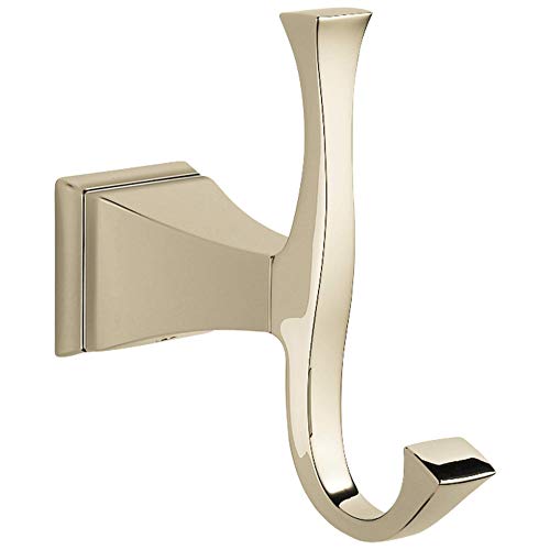 Champagne-colored double robe hook with curved hooks and square wall mounting plate.