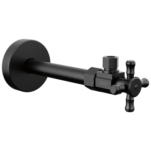 Black angled supply stop valve with cross handle, mounting flange, and inlet connection ports.