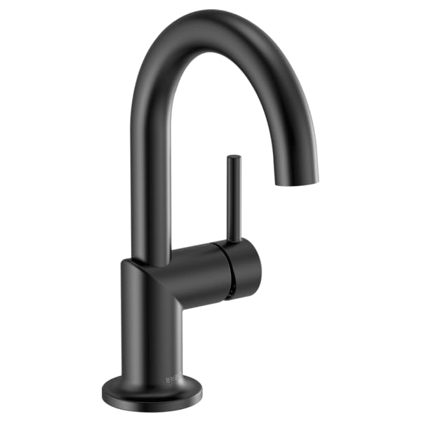 Matte black single-handle bathroom faucet with curved spout and cylindrical lever control on round base.