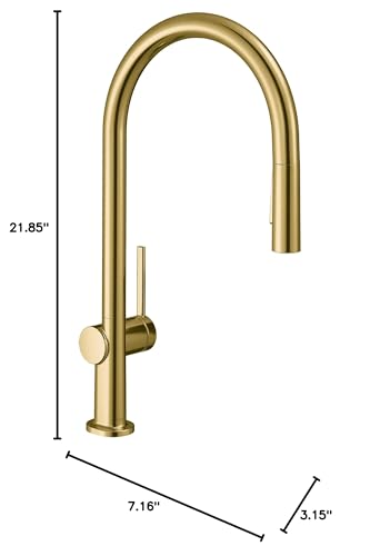 Brushed gold kitchen faucet with high arc spout, pull-down spray head, and single handle control.