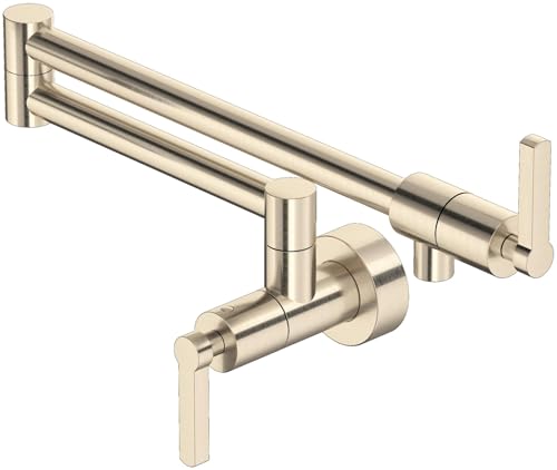 Satin nickel wall-mounted pot filler with dual articulating arms and lever handles.