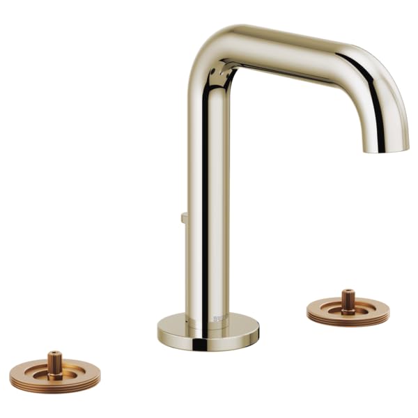 Polished nickel widespread lavatory faucet with high arcing spout and two bronze circular handles.
