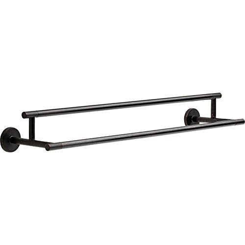Matte black double towel bar with two horizontal rods and circular wall mounts, 24 inches wide.