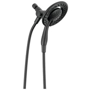 Chrome dual showerhead with handheld wand connected by flexible hose with multiple spray settings.
