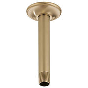 Luxe gold ceiling mount shower arm with round flange, 6 inches long, threaded connection at base.
