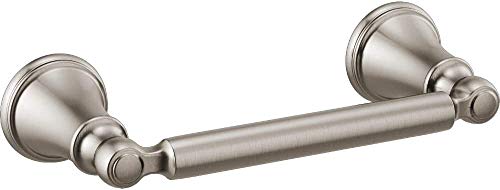 Brushed nickel tissue holder with decorative round wall mounts and horizontal bar.