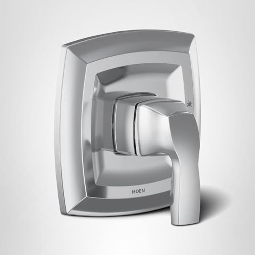 Chrome shower trim kit with single handle lever and rectangular escutcheon plate in Moen Voss collection design.