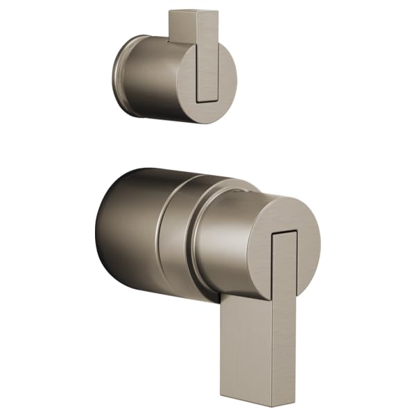 Brushed nickel pressure balance valve with rectangular lever handle and diverter trim in two configurations.