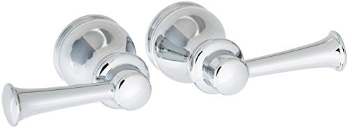 Chrome lever handle set with two handles and wall-mounted circular trim rings for Roman tub installation.